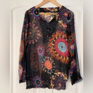 Desigual Blouse Black Sheer Long Sleeve Mandala Multi Color Top Tunic Medium